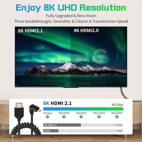 Micro HDMI to HDMI Coiled Cable, HDMI to Micro HDMI 2.1 8K Cable, Cable for 1080P, 8K@60Hz 4K@120Hz 48Gbps and Audio Return Channel (1M/3.2FT) (Down Angled 1m) in Saudi Arabia