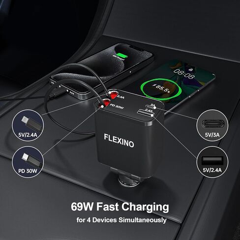 Flexino Retractable Car Charger, USB C Car Charger Adaptor, 84W Super Fast Charge Car Charger with 2 Longer Retractable Cords(3.94ft), Type C Car Charger, Fit for iPhone 16/15/14/13, Galaxy in Saudi Arabia
