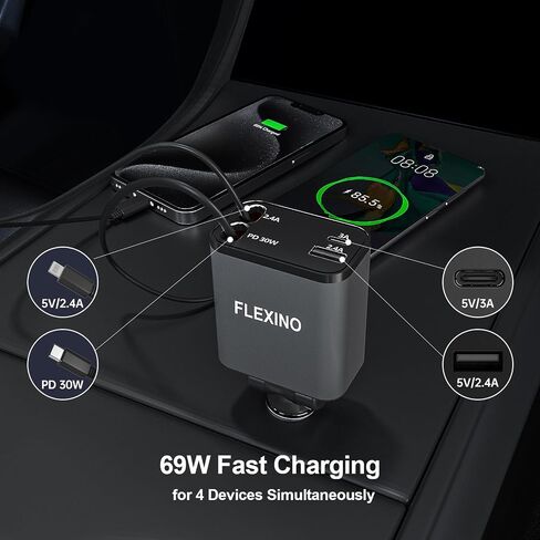 Flexino Retractable Car Charger, USB C Car Charger Adaptor, 84W Super Fast Charge Car Charger with 2 Longer Retractable Cords(3.94ft), Type C Car Charger, Fit for iPhone 16/15/14/13, Galaxy in Saudi Arabia
