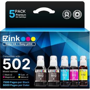 E-Z Ink 502 Compatible Ink Refill Bottle Replacement for Epson 502 T502 522 T522 High Yield to use with ET-3850 ET-2850 ET-4850 ET-2800 ET-2760 ET-3760 ET-4760 Printer 5 Pack