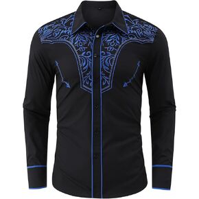 TURETRENDY Men's Casual Western Embroidered Cowboy Shirts Button Up Long Sleeve Shirt Floral Design Retro Shirt