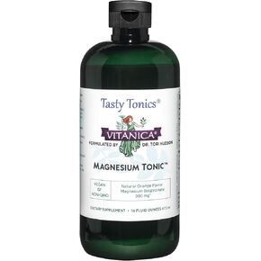 Vitanica Magnesium Tonic, Liquid Magnesium Bisglycinate Chelate 300 mg with Vitamin B6, Dr Formulated Supplement, Orange Flavor, Vegan, Gluten Free and Non-GMO,16 fl oz