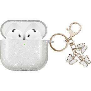 Compatible with AirPods 4 Case Cover 2024, Soft TPU Case for AirPods 4th Generation Case with Cute Butterfly Keychain for Girls Women (Glitter Pink)
