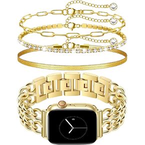 JR.DM Gold Watch Bands for Women Compatible with Apple Watch Band 38mm 40mm 41mm Adjustable Metal Band Cowboy Steel Chain Bracelet for iWatch Series 9/8/7/6/5/4/3/2/1/SE/Ultra (No Case)