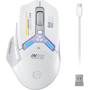 INPHIC IN9 Wireless Gaming Mouse, True Tri-Mode Bluetooth/Type-CWired/2.4G Wireless Mouse, 10000 DPl, Fully Programmable, RGB Backlit, Rechargeable Wireless Computer Mouse for Laptop PC Mac-White-Gray