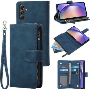 RANYOK Compatible with Galaxy A54 5G Wallet Case, Premium PU Leather Zipper Folio RFID Blocking with Card Slot Wrist Strap Magnetic Closure Kickstand Protective Phone Case for A54 (Black Green)