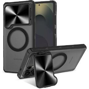 Caka for Samsung Galaxy S25 Ultra Case [Magnetic Charging] [Hidden Camera Stand] [Full Lens Cover] [Heavy Duty Protection] Translucent Hard Rugged Shockproof Magnet Phone Cover - Black