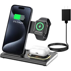 محطة شحن قابلة للطي 3 في 1 من Aresh لمنتجات Apple، شاحن لاسلكي للسفر ومحول ضوء لهاتف iPhone 16/15/14/13/12/11/X/XS، لـ iWatch 10/9/8/7/6/Ultra2/Ultra ،لسماعات AirPods 4/3/Pro/2 (برتقالي) in Kuwait