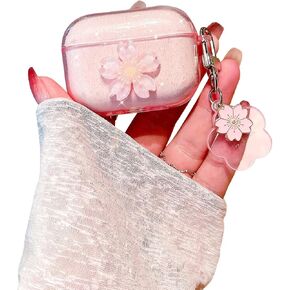 Ownest Compatible with AirPods Case, Cute 3D Heart Clear TPU Shockproof Cover Case Glitter with Bell Keychain for Women Girls for AirPods 3rd Generation 2021-Pink