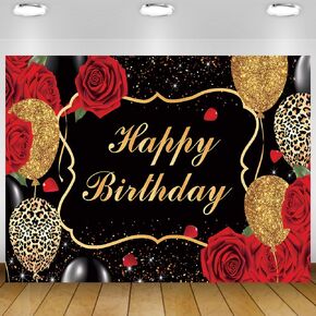 7x5Ft Red Rose Birthday Backdrops for Women Glitter Gold Balloons Black Gold Happy Birthday Photography Background Sweet Birthday Party Decor Supplies