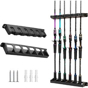 Fishing Rod Holder for Garage Fishing Pole Holders Vertical Surf Fishing Rod Holders Wall-Mounted Stores 6 Rods or Combos Fits Most Rod (Vertical Large diameter Black, 1 Pair)