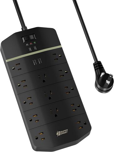 Power Strip,SUPERDANNY 5000 Joules Surge Protector with 13 AC Outlets 2 USB-A & 2 USB-C PD 20W Fast Charging Heavy Duty 14AWG/3C Industrial Grade Extension Cord for Workbench Home Office Black in Kuwait