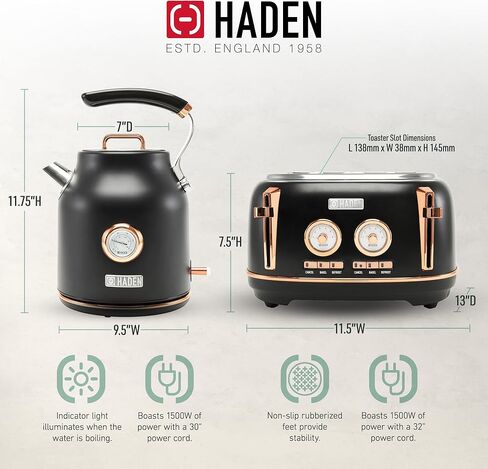 Haden Dorset 1.7 Liter Stainless Steel Electric Kettle with 360-Degree Base Bundled with 4 Slice Wide Slot Stainless Steel Toaster, Black & Copper in Kuwait