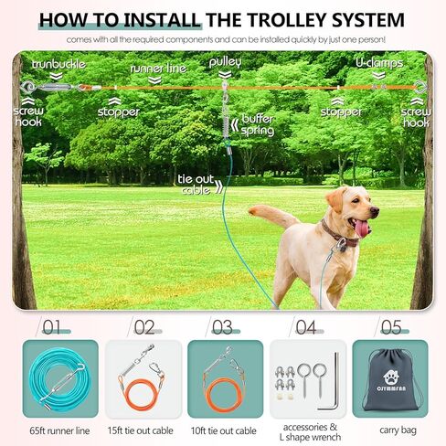 نظام عربة عداء الكلاب الاحترافي، خط سحاب للكلاب شديد التحمل بطول 100 قدم مع ربطة عنق بطول 10 أقدام و15 قدم للكلاب الكبيرة التي يصل وزنها إلى 250 رطل، مقود كابل لتشغيل الكلاب في الهواء الطلق للفناء الخلفي والتخييم والمنتزه والمغامرات الخارجية in Kuwait