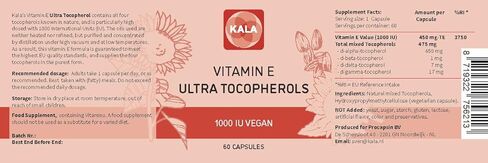 كالا هيلث فيتامين هـ 1000 وحدة دولية الترا توكوفيرول 450 ملجم فيتامين هـ نباتي - جميع التوكوفيرول الأربعة - ألفا توكوفيرول + بيتا توكوفيرول + جاما توكوفيرول + دلتا توكوفيرول - فريد من نوعه د ألفا توكوفيرول فيتامين هـ in Kuwait