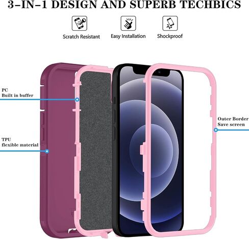 Phone Case for iPhone 12 Mini Case/iPhone 13 Mini Case with HD Screen Protector, Heavy Duty Shockproof & Dropproof 3-Layer Cover Phone Case for iPhone 12 Mini/13 Mini (PurpleSkyBlue) in Saudi Arabia