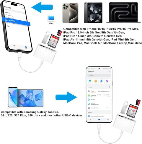 SD Card Reader for iPhone iPad, Airgoo Trail Camera 3-in-1 SD Memory Card Adapter with Dual Slots & USB Port, with Lightening & USB-C Dual connectors, with Portable eva Storage case Bag, AG-CRD01 in Saudi Arabia