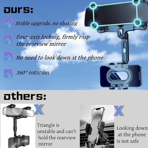 Rearview Mirror Phone Holder For Car, Magnetic 360° Rotatable And Retractable Rear View Mirror Phone Holder, Four Corners Fixed Anti-Shake Design, Car Phone Holder For All Mobile Phones And Car in Saudi Arabia