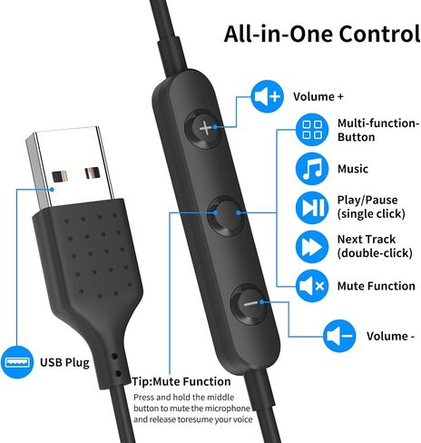 سماعات أذن USB للكمبيوتر الشخصي ، سماعات USB مع الميكروفون للكمبيوتر ، سماعة رأس USB سلكية مع أدوات التحكم في الصوت MIC عزل أذن الكمبيوتر المحمول ل DELL HP PS5 Surface Office Call Gaming Work in Kuwait