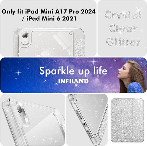 INFILAND for iPad mini 7 Case (A17 Pro), iPad mini 6 Case, iPad mini 7th/6th Generation Case 2024/2021 8.3 Inch, Glitter Cute Protective Clear Cover with Pencil Holder for Kids Girls, Pink in Saudi Arabia