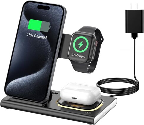 محطة شحن قابلة للطي 3 في 1 من Aresh لمنتجات Apple، شاحن لاسلكي للسفر ومحول ضوء لهاتف iPhone 16/15/14/13/12/11/X/XS، لـ iWatch 10/9/8/7/6/Ultra2/Ultra ،لسماعات AirPods 4/3/Pro/2 (برتقالي) in Kuwait