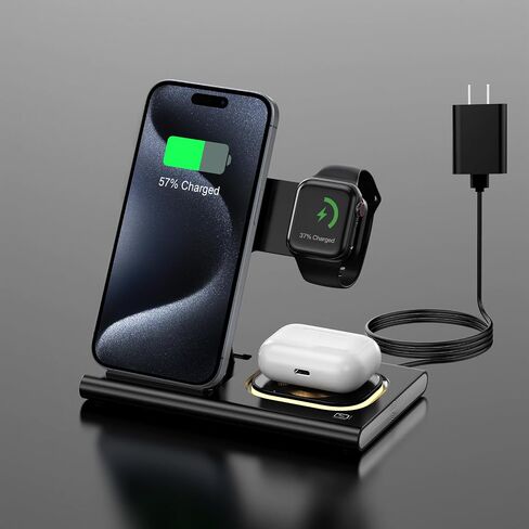 محطة شحن قابلة للطي 3 في 1 من Aresh لمنتجات Apple، شاحن لاسلكي للسفر ومحول ضوء لهاتف iPhone 16/15/14/13/12/11/X/XS، لـ iWatch 10/9/8/7/6/Ultra2/Ultra ،لسماعات AirPods 4/3/Pro/2 (برتقالي) in Kuwait