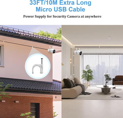 سلك طاقة كابل Micro Micro 10m/33ft Micro متوافق مع الكاميرا الداخلية eufy e200 Wyze Cam Pan V3 v4 Blink Xiaomi Mi 360 ° Camera 2K Pro Extra Micro USB Cable for Security Camera ، White in Kuwait