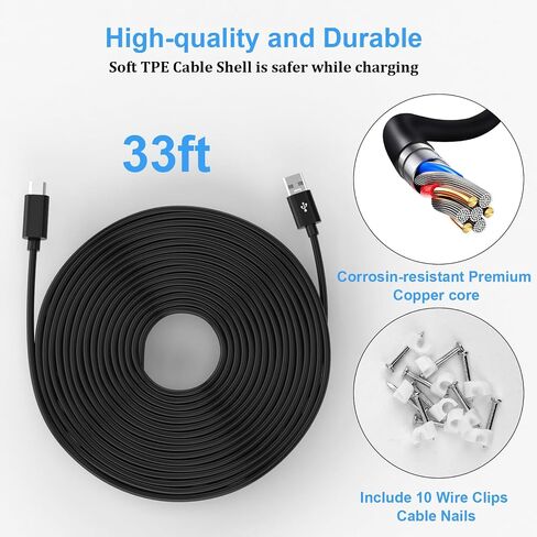 سلك طاقة كابل Micro Micro 10m/33ft Micro متوافق مع الكاميرا الداخلية eufy e200 Wyze Cam Pan V3 v4 Blink Xiaomi Mi 360 ° Camera 2K Pro Extra Micro USB Cable for Security Camera ، White in Kuwait