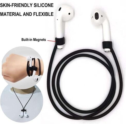 Magnetic Anti-Lost Straps for AirPods Accessory, Colorful Soft Silicone Sports Lanyard.Ultra Strong Cord Anti-Lost Leash Sports String, Neck Rope Cord,Christmas Gift [4 Pack] (Black+Black+White+White) in Saudi Arabia