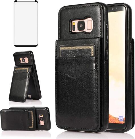 Phone Case for Samsung Galaxy S8 with Tempered Glass Screen Protector and Credit Card Holder Wallet Cover Stand Leather Cell Accessories Glaxay S 8 Gaxaly 8S Edge SM-G950U Cases Women Men Blue in Saudi Arabia