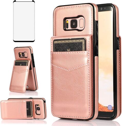Phone Case for Samsung Galaxy S8 with Tempered Glass Screen Protector and Credit Card Holder Wallet Cover Stand Leather Cell Accessories Glaxay S 8 Gaxaly 8S Edge SM-G950U Cases Women Men Blue in Saudi Arabia