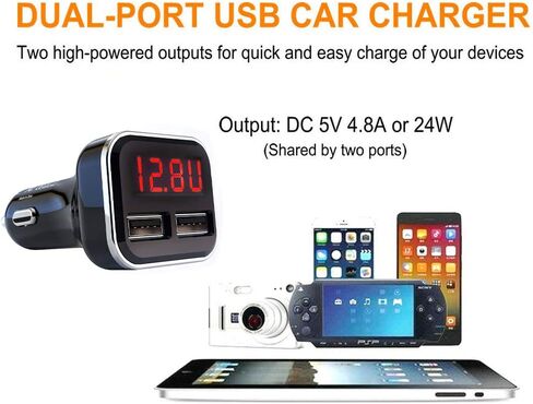 Alivation 3IN1 Digital Volt Gauge with USB Car Charger, 24W Cigarette Lighter Voltage Display Volt Meter Car Battery Monitor with LED Voltage & Amps Display, Dual USB for iPhone X 8 7 6S 6 Plus, 5 SE in Saudi Arabia