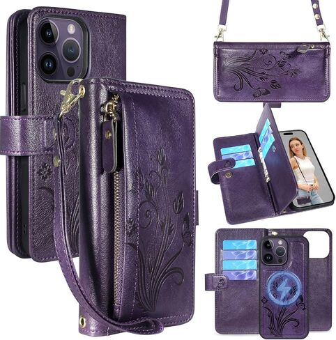 Lacass for iPhone 14 Pro Max Detachable Crossbody Wallet Case,Compatible with MagSafe Wireless Charging, [Cards Theft Scan Protection], Magnetic Case Stand PU Leather Zipper(Floral Blue Green) in Saudi Arabia