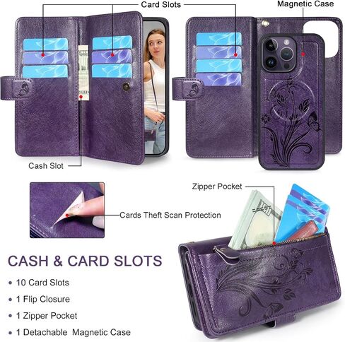 Lacass for iPhone 14 Pro Max Detachable Crossbody Wallet Case,Compatible with MagSafe Wireless Charging, [Cards Theft Scan Protection], Magnetic Case Stand PU Leather Zipper(Floral Blue Green) in Saudi Arabia