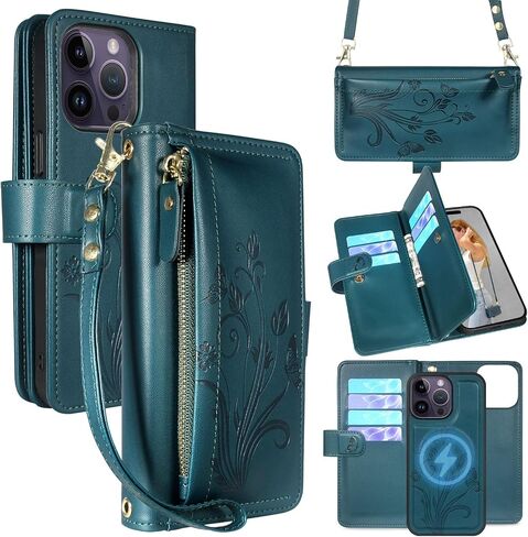 Lacass for iPhone 14 Pro Max Detachable Crossbody Wallet Case,Compatible with MagSafe Wireless Charging, [Cards Theft Scan Protection], Magnetic Case Stand PU Leather Zipper(Floral Blue Green) in Saudi Arabia