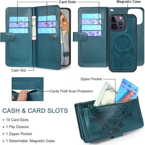 Lacass for iPhone 14 Pro Max Detachable Crossbody Wallet Case,Compatible with MagSafe Wireless Charging, [Cards Theft Scan Protection], Magnetic Case Stand PU Leather Zipper(Floral Blue Green) in Saudi Arabia