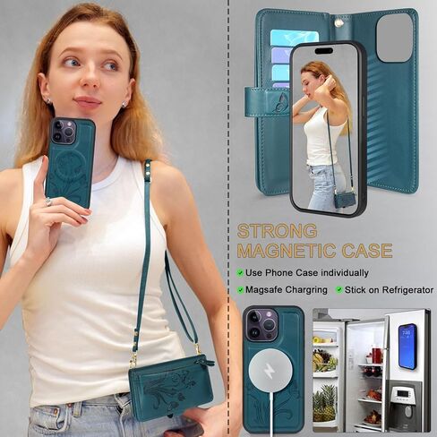 Lacass for iPhone 14 Pro Max Detachable Crossbody Wallet Case,Compatible with MagSafe Wireless Charging, [Cards Theft Scan Protection], Magnetic Case Stand PU Leather Zipper(Floral Blue Green) in Saudi Arabia