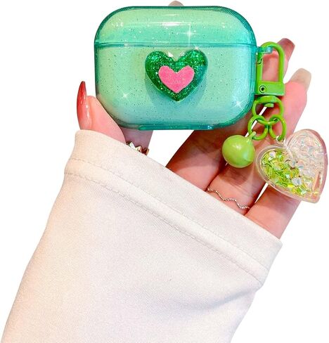 أمثل المتوافق مع حالة AirPods ، Cleat 3D Heart Clear Cover Cover Cover Case Glitter مع Bell Keychain for Women Girls for AirPods 3rd Generation 2021-pink in Kuwait