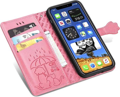 Zyzx Fit for iPhone 12 6.1 "Cartoon Girl Wallet Case ، Cat Dog Flip Phone Shell مع فتحة بطاقات الائتمان وغطاء غطاء حماية مغناطيسي مقاوم للصدمة لـ iPhone 12/Pro Mg (Rose Gold) in Kuwait