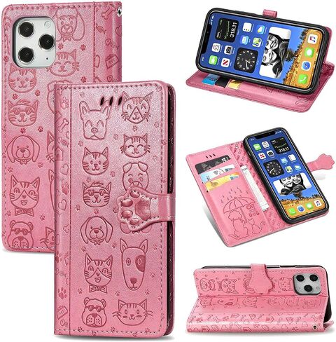 Zyzx Fit for iPhone 12 6.1 "Cartoon Girl Wallet Case ، Cat Dog Flip Phone Shell مع فتحة بطاقات الائتمان وغطاء غطاء حماية مغناطيسي مقاوم للصدمة لـ iPhone 12/Pro Mg (Rose Gold) in Kuwait
