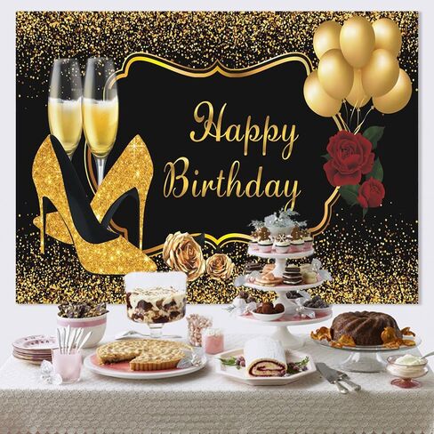 7x5Ft Red Rose Birthday Backdrops for Women Glitter Gold Balloons Black Gold Happy Birthday Photography Background Sweet Birthday Party Decor Supplies in Saudi Arabia