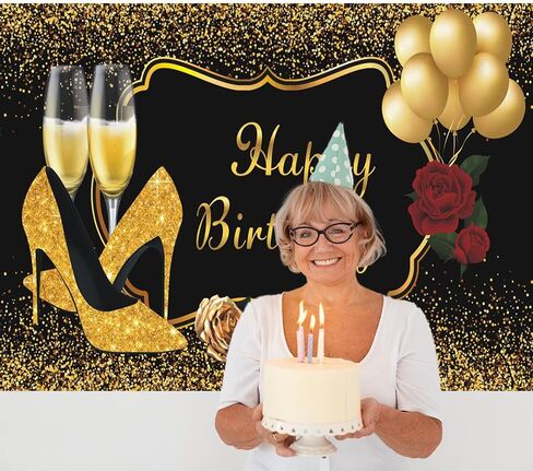 7x5Ft Red Rose Birthday Backdrops for Women Glitter Gold Balloons Black Gold Happy Birthday Photography Background Sweet Birthday Party Decor Supplies in Saudi Arabia