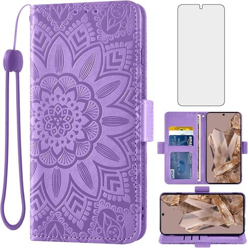 Asuwish Phone Case for Google Pixel 8 Pro 5G Wallet Cell Cover with Screen Protector Lanyard Wrist Strap Mandala Flower Zipper Card Holder Slot Stand Pixel8Pro Pixel8 XL Eight 8Pro Women Girls Gray in Saudi Arabia