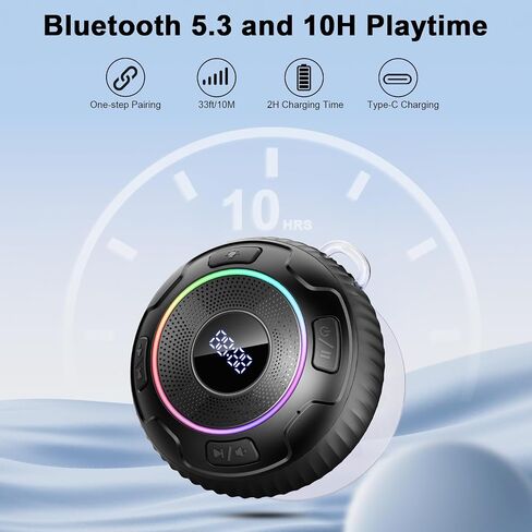 Bluetooth Shower Speaker, Portable Speakers Bluetooth 5.3 HiFi Sound IPX7 Waterproof Wireless Speaker with LED, Light Show, Portable Speaker with Suction Cup and Hand Free Mic for Bathroom/Outdoor in Saudi Arabia