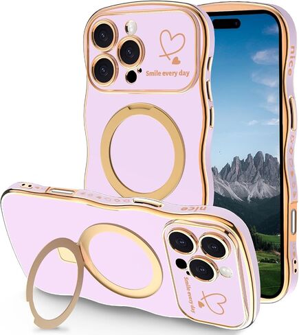 Case for iPhone 14 Pro Max with Magnetic Stand, Luxury Plating Curly Wavy Frame and Cute Heart Pattern, Lens Edge Raised Protection, Slim Shockproof Soft Case for iPhone 14 Pro Max-Purple in Saudi Arabia