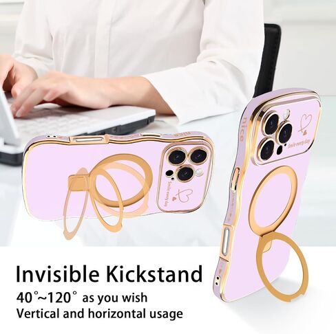 Case for iPhone 14 Pro Max with Magnetic Stand, Luxury Plating Curly Wavy Frame and Cute Heart Pattern, Lens Edge Raised Protection, Slim Shockproof Soft Case for iPhone 14 Pro Max-Purple in Saudi Arabia