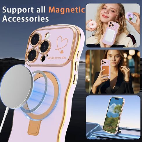 Case for iPhone 14 Pro Max with Magnetic Stand, Luxury Plating Curly Wavy Frame and Cute Heart Pattern, Lens Edge Raised Protection, Slim Shockproof Soft Case for iPhone 14 Pro Max-Purple in Saudi Arabia