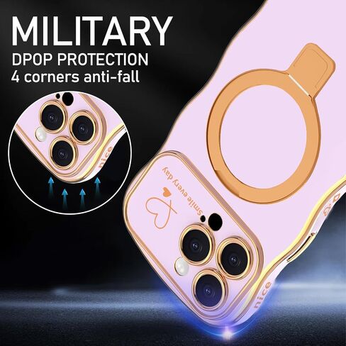 Case for iPhone 14 Pro Max with Magnetic Stand, Luxury Plating Curly Wavy Frame and Cute Heart Pattern, Lens Edge Raised Protection, Slim Shockproof Soft Case for iPhone 14 Pro Max-Purple in Saudi Arabia