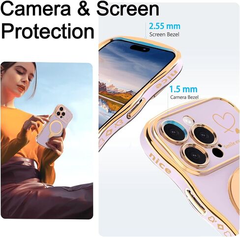 Case for iPhone 14 Pro Max with Magnetic Stand, Luxury Plating Curly Wavy Frame and Cute Heart Pattern, Lens Edge Raised Protection, Slim Shockproof Soft Case for iPhone 14 Pro Max-Purple in Saudi Arabia
