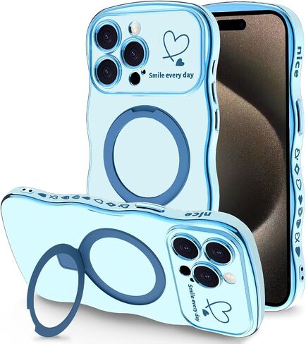 Case for iPhone 14 Pro Max with Magnetic Stand, Luxury Plating Curly Wavy Frame and Cute Heart Pattern, Lens Edge Raised Protection, Slim Shockproof Soft Case for iPhone 14 Pro Max-Purple in Saudi Arabia